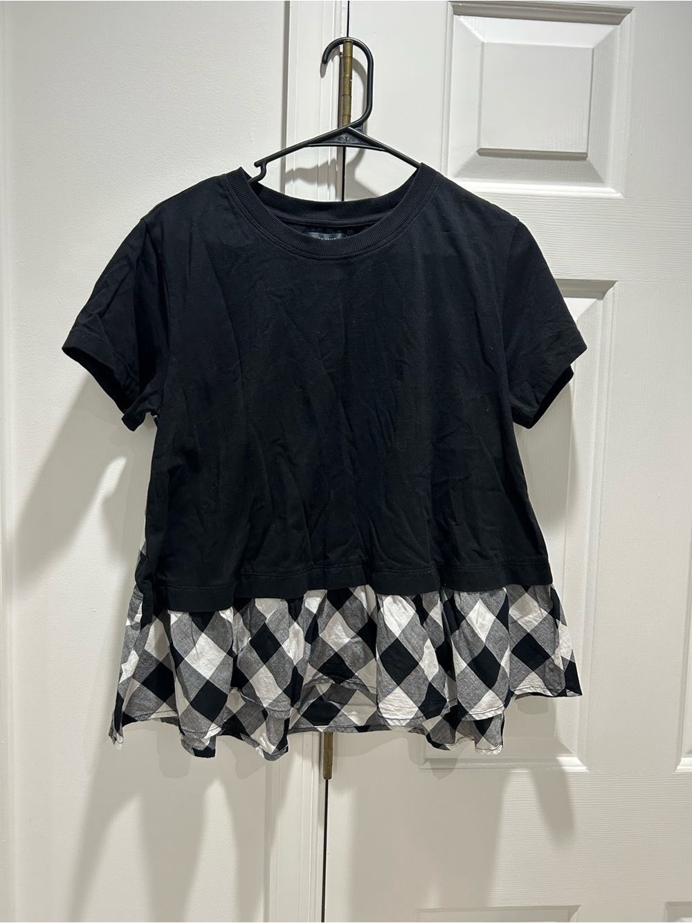 Maeve Black Short-Sleeve Top with Black & White Gingham Ruffle Hem